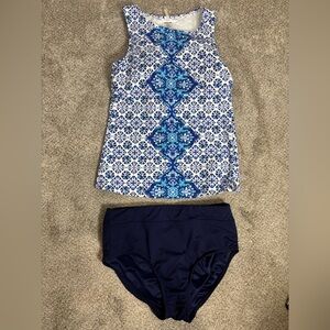 Lands End High Neck‎ Tankini Swim Top Blue Majolica Batik 4 D Padded Bra Modest